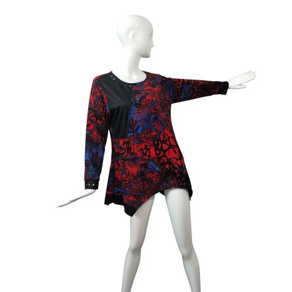 Calessa Womens size L Mixed Media Patchwork Asymmetrical Artsy Grommet Gothy Top - Picture 10 of 12